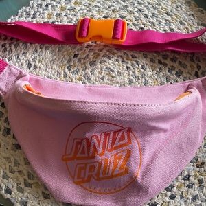 Pink fanny pack orange clasp zipper and Santa Cruz Skateboards screen print
